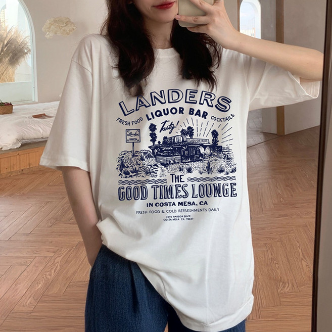 cammello 블루 타이포그래피 프린팅 반팔 티셔츠 오버핏 반팔티 면티 박스티