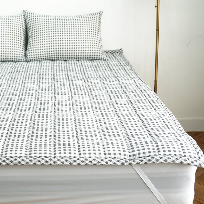 바숨 고정밴드 시어서커 여름 침대패드, 체크그레이