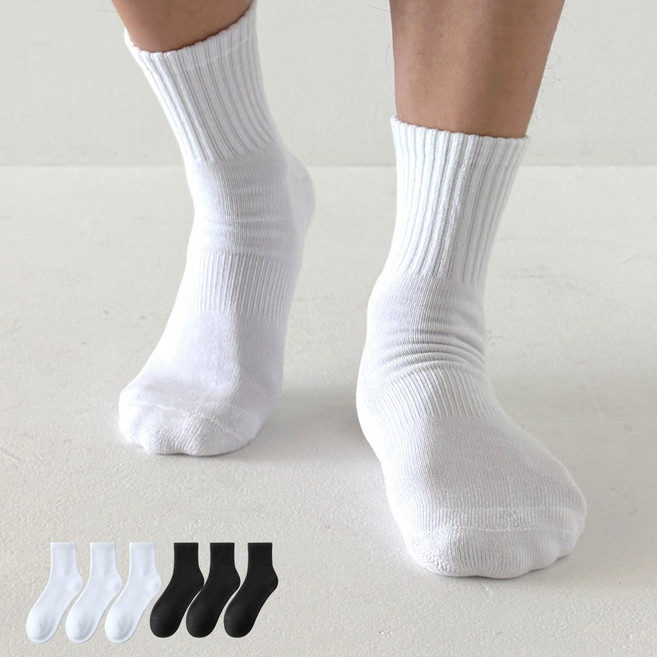래비뜨 국산 남성 두툼한 쿠션 바닥 무지 중목 스포츠 양말 6팩, 화이트+블랙, 1세트