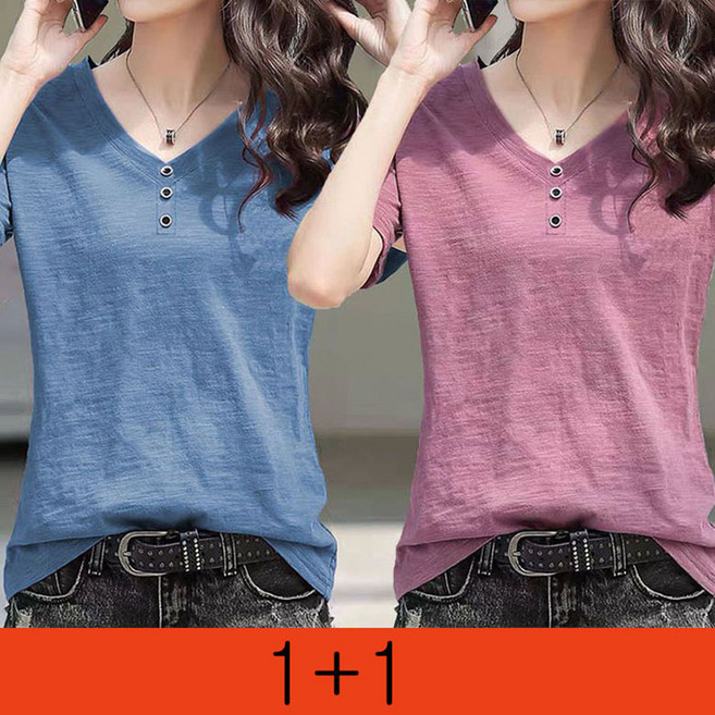 1+1 슬라브 브이넥 반팔 티셔츠 여성 여름 반팔티 여름티셔츠 루즈핏 데일리룩 이너티 상의 면티 브이넥 이너 심플 기본티 WAWAMIYA