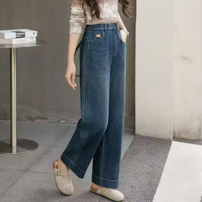중년 여성 데님 팬츠 캐주얼 하이웨이스트 일자 청바지 슬림핏 밴딩 9부 데님 팬츠 CY