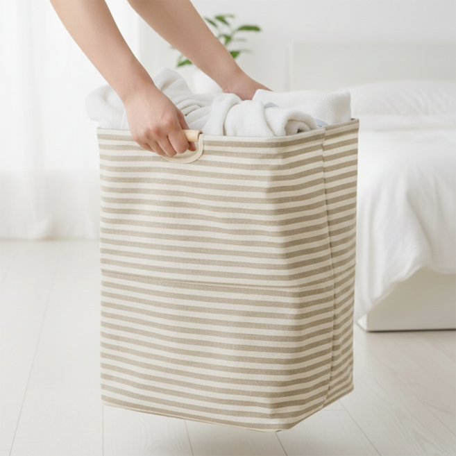 링고룸 가벼운 린넨 세탁물 빨래 바구니 57L 손잡이 접이식 폴딩 다용도 옷 정리함 생활방수, 애쉬 베이지