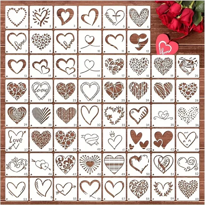 제니미엘 DIY 스텐실 도안 패턴 눈 별 하트 음표 생일, 하트 60 Pcs