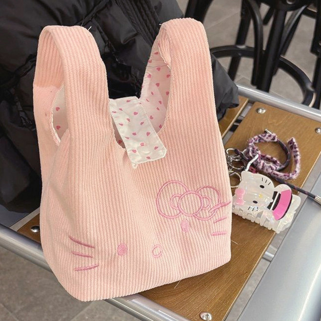 헬로 키티 핑크 분홍 자수 코듀로이 골덴 미니 도트백 가방