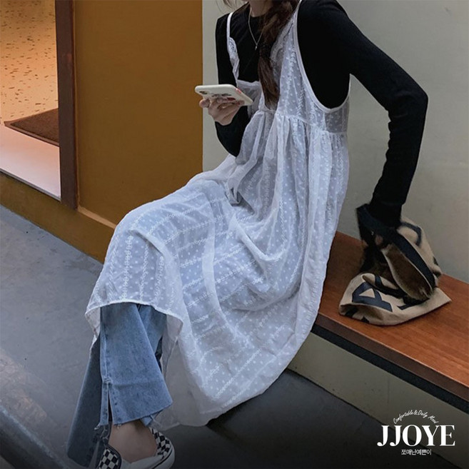 쪼예 레이어드템 스윗 도트 레이스 시스루 롱 나시 원피스