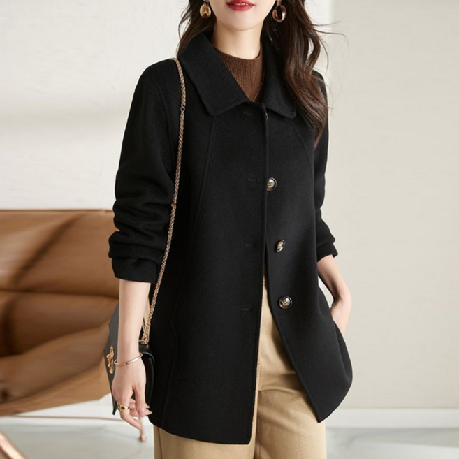 NUNUHANA 여성 추동 방한 카라넥 베이직 모직 코트