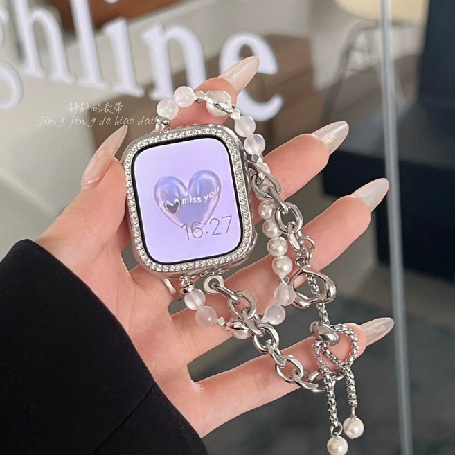 珍珠水晶表鏈 適用 Apple Watch, 1個, 珍珠水晶表帶+殼38mm