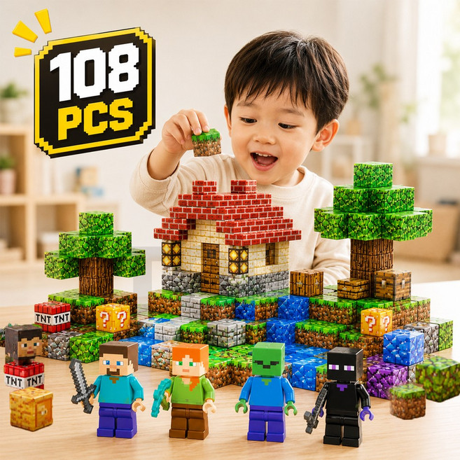 픽셀 자석 블럭 108pcs 피규어4개 사각 큐브, 1개, 혼합