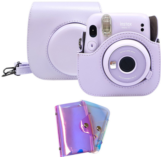 인스탁스 미니11 전용 가죽 케이스+홀로그램1단앨범 / 스트랩 포함, 1개, 라일락퍼플+홀로그램1단앨범