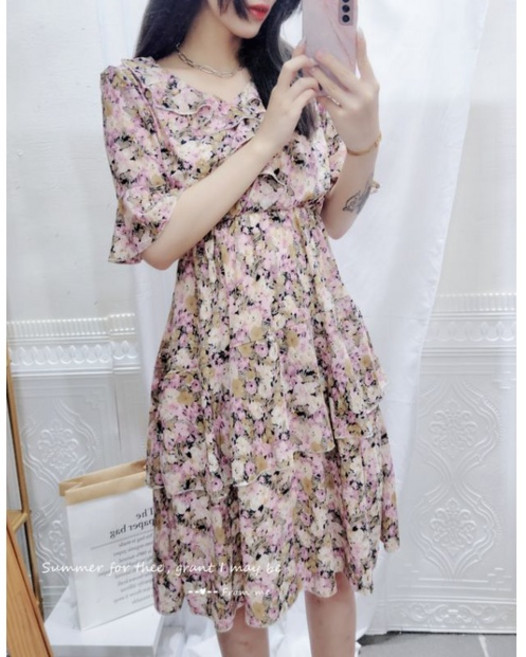 VINA扉娜 韓版甜美碎花顯瘦縮腰洋裝 OPS190932 -