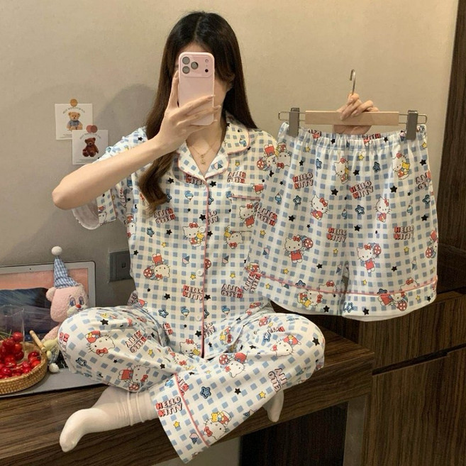 티류으스 캐릭터 블루 레이스 키티 캐릭터 체크 스리피스 잠옷 반팔티+긴바지 +반바지세트