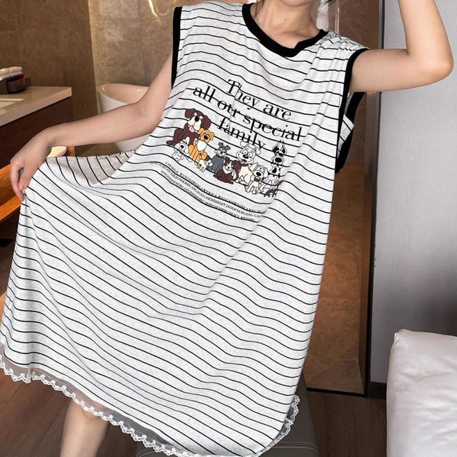 VEZRI 여성 여름 귀여운 강아지 프린트 무늬 레터링 반팔 없는 미디 기장 잠옷 원피스 외출용 홈웨어 청소년용 루즈핏 슬림핏 F88