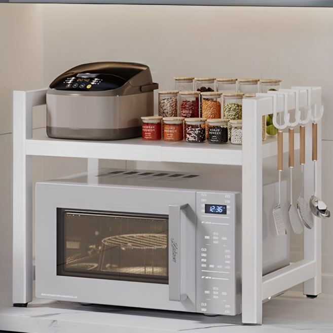 길이조절 가능한 튼튼한 주방 전자레인지 단층 수납 선반, 1단, 화이트