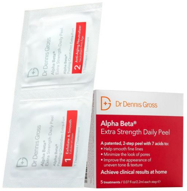 닥터 데니스 그로스 알파 베타 엑스트라 스트렝스 데일리 필 안티에이징 매끄러운 피부 빛나는 안색을 위한 2단계 각질 제거 패드 5가지 치료법, 5 Count (Pack of 1), 1개