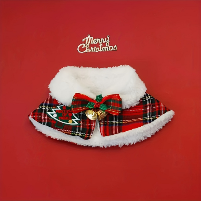 포리프 크리스마스 반려동물 케이프 스카프 따뜻한 체크 패턴 겨울용 폴리에스터 퍼 칼라 조절 가능한 고양이 강아지 cape, 1개, 레드