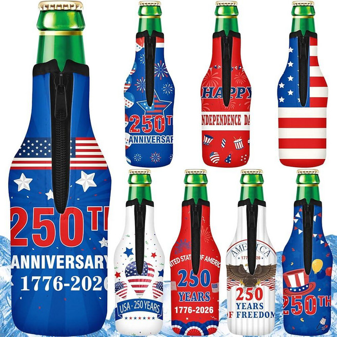 FoldTier 8 Pcs 250th Anniversary Beer Sleeves with Zipper 7'' x 3'' US 1776-2026 Bottle Jacket 4th, FoldTier 8 Pcs 250th Anniversa