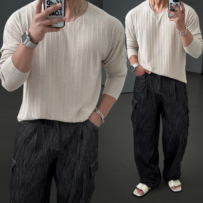 빠델 남성용 섹시 머슬 U넥 데끼 니트 긴팔티셔츠