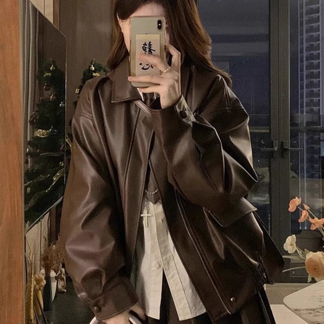 SAHINER 봄가을 여성 오버핏 인조가죽 자켓 점퍼 BWT12