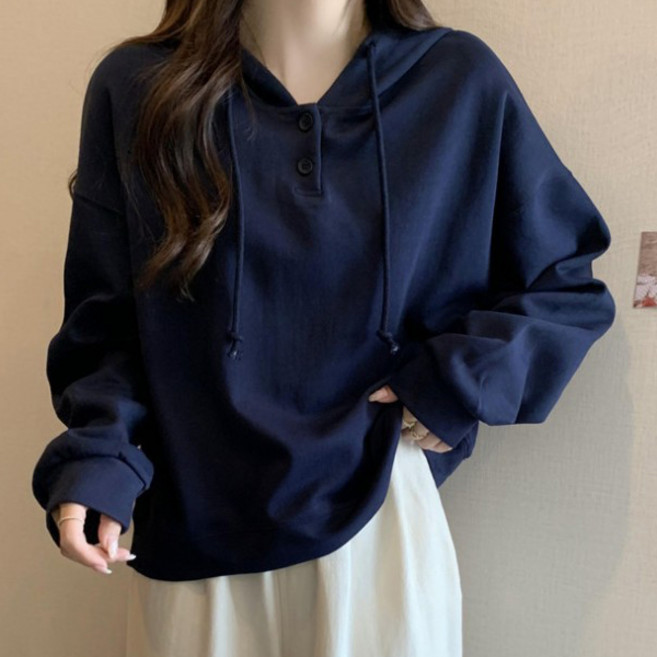 유니온 여성 오버핏 버튼 긴팔 후드 맨투맨