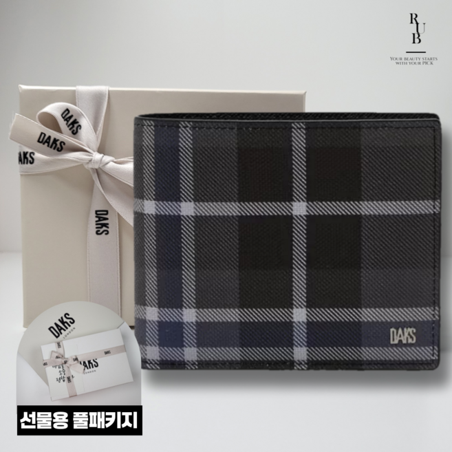 닥스 남성 블랙 체크 가죽 반지갑 선물용 풀패키지