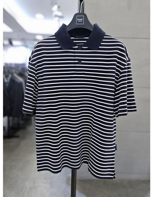 바쏘옴므 세이브존03 25 네이비 단가라 오버핏 반팔 PK티셔츠 WSAGZ2KT49A