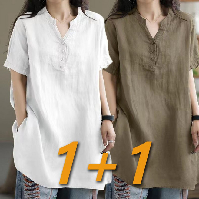 1+1 봄 여름 여성 린넨 반팔티 루즈핏 빅사이즈 중년 엄마옷 셔츠 2p 솔리드 버튼 캐주얼 면 마 상의