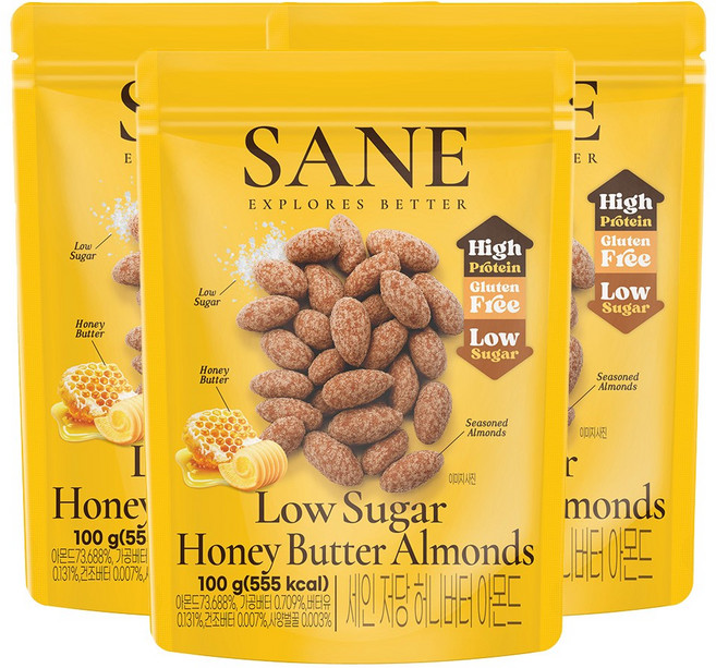 세인 저당 고단백 아몬드 허니버터맛, 3개, 100g