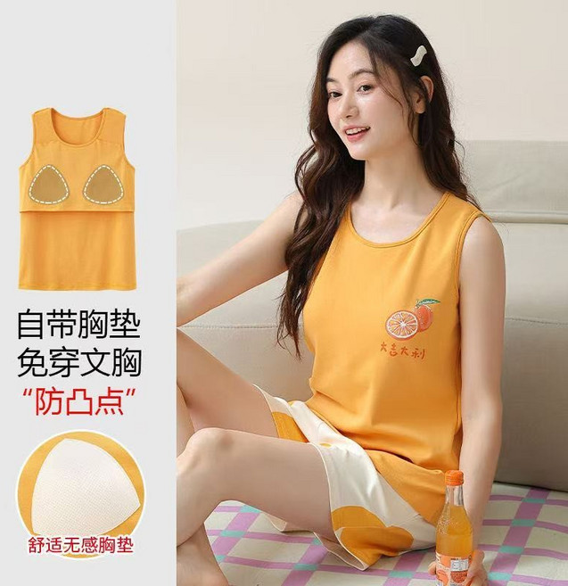 女士夏季帶胸墊睡衣休閒寬鬆家居服套裝