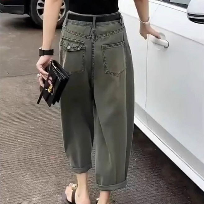 QEWBG 여성 여름 얇은 하렘 데님 팬츠 9부 와이드핏 대형 사이즈