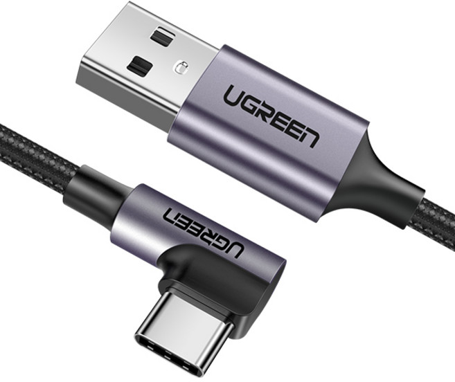 Ugreen USB2.0 AM-CM 꺾임 메탈 케이블 2m/U-50942/C타입 90도 꺽임/Type-C/QC3.0 급속 충전 지원+데이터 전송/OFC 무산소 동선/나일론 재질의, 2m, 1개
