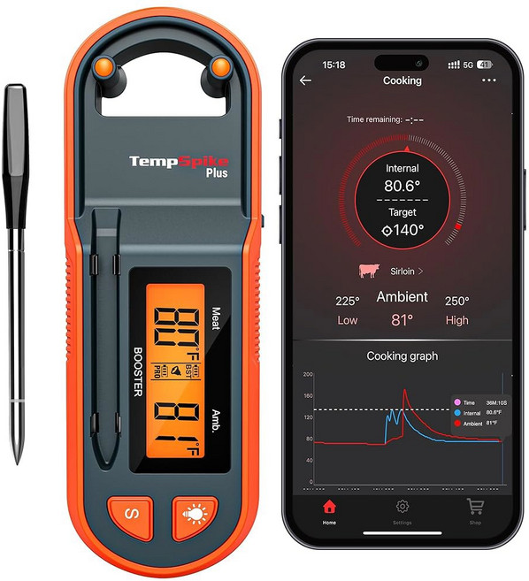 ThermoPro 템프스파이크 플러스 600피트 무선 육류 2개의 컬러 코딩 프로브 블루투스 육류 무선 LCD 부스터 음식 조리 그릴 흡연자를 위한 블루투스 육류, Classic 1 Probe