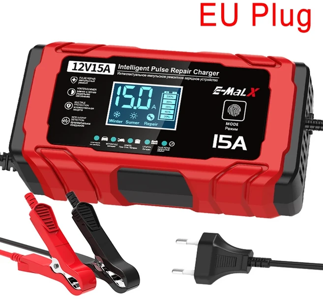 12V 15A 8A 배터리 충전기 (리튬인산철 납산 AGM 젤 지능형 펄스 복구 오토바이용), 04 12V 15A EU Plug
