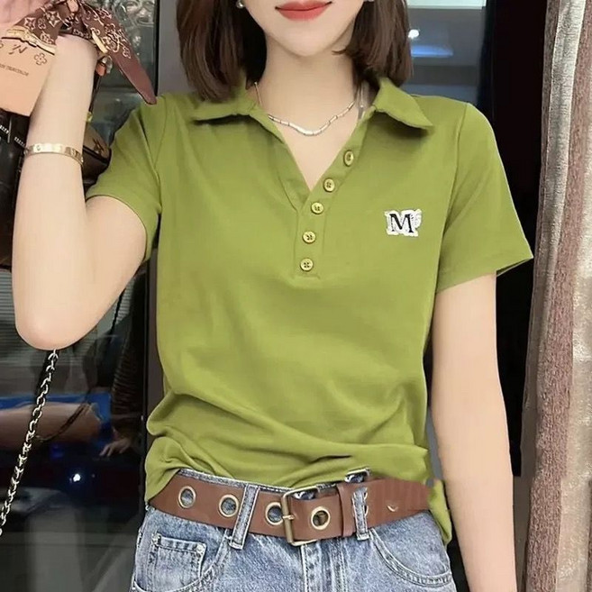 메인워크 중년 여성 빅사이즈 폴로넥 반팔 티 여름 엄마룩 카라넥 골프 이너 아이스 냉장고 패션 슬림핏 기질 솔리드 상의
