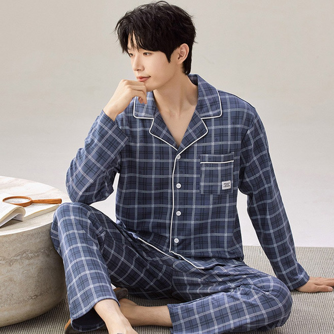 Pink Lady 紳士格紋排扣棉柔成套睡衣 圓領印花寬版長袖長褲情侶睡衣居家服