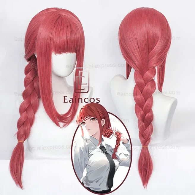 마키마 코스프레 가발 70cm 롱 로즈 레드 땋은 내열성 합성 머리 할로윈 파티 두피