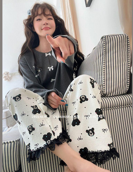 100%純棉睡衣女春秋長袖韓版休閒家居服套裝
