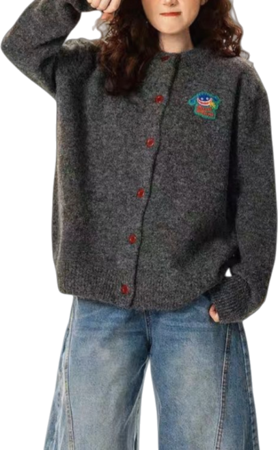 Makone 여성 가을 겨울 캐릭터 자수 카디건 캐주얼 니트 자켓