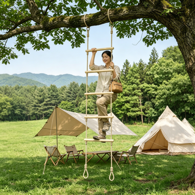 아웃도어 접이식 로프사다리 150kg 하중 등산 캠핑 보트 다용도, 원목색, 1개