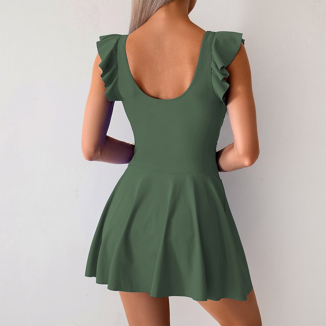 UPPERCUT 여성 프릴 날개 스커트 원피스 수영복 체형커버 모노키니 빅사이즈, 올리브그린