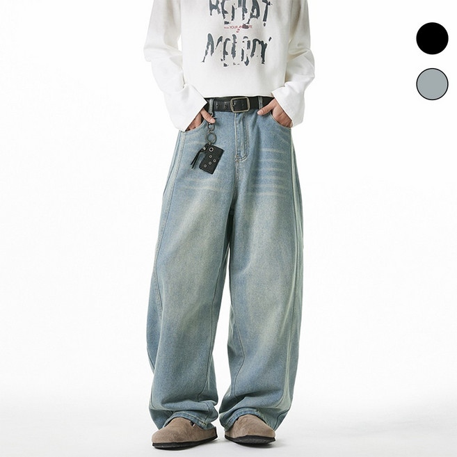 HANYO 남자 빈티지 스트릿 패션 허리밴딩 오버핏 청바지 워싱 데님 팬츠