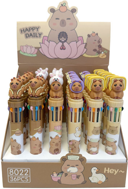 카피바라 10색 볼펜 36개(박스) 귀여운 멀티펜 필기 노크식 예쁜 디자인 단체 선물, 1세트