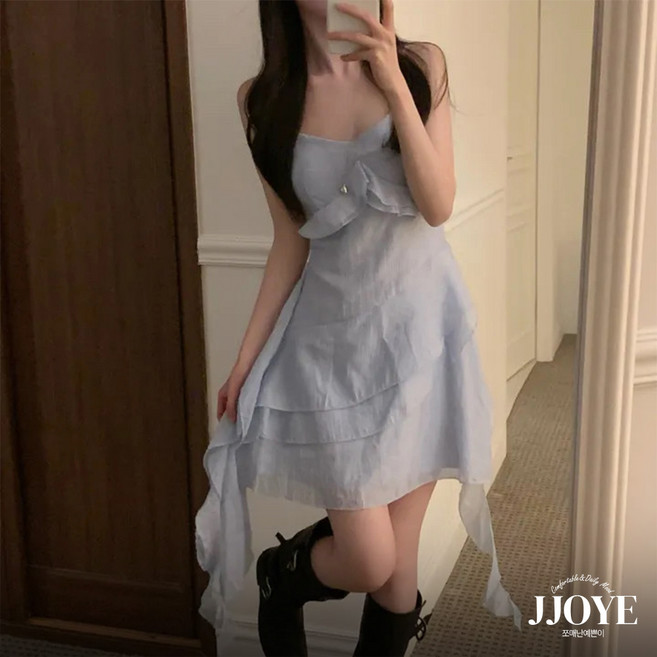 쪼예 여신룩 살랑 언발 프릴 슬립 나시 미니 원피스
