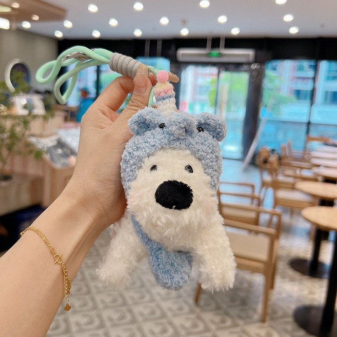 可愛戴頭套毛絨雪白狗掛件小玩偶小狗公仔鑰匙包包掛飾娃娃禮物, 藍色大象:1, 1個
