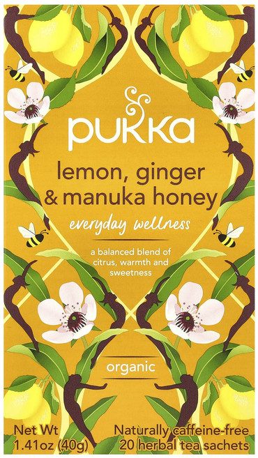 Pukka Herbs 유기농 허브차 레몬 생강 & 마누카 꿀 카페인 무함유 20팩 40g(1.41oz), PukkaHerbs유기농허브차레몬생강마누카꿀카페인무함유, 1개
