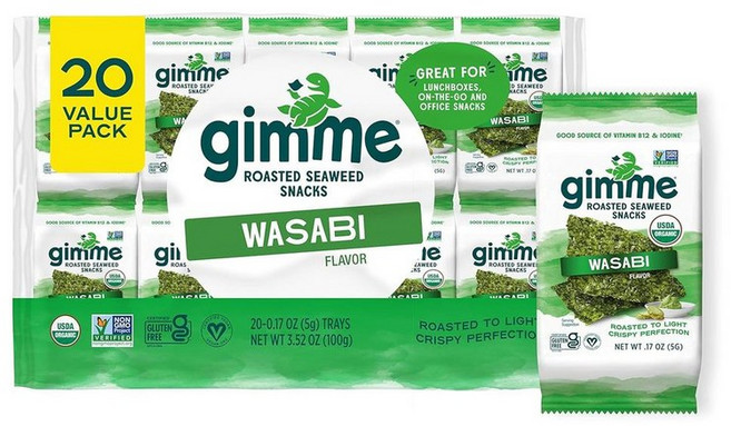 김미 오가닉프리미엄로스티드김 와사비 20개입 김스낵 키토 비건 건강간식 Gimme Organic Premium Roasted Seaweed Wasabi 20 Count
