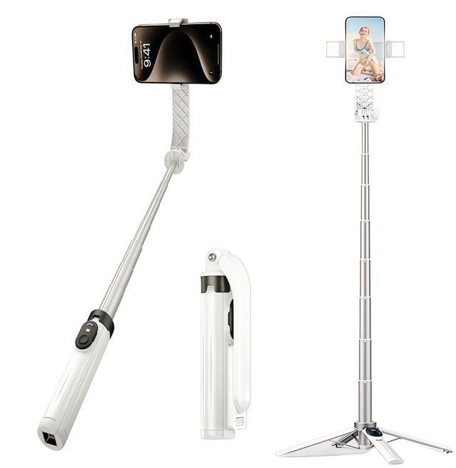 휴대폰 셀카봉 일체형 편리한 휴대 LED 뷰티 보광등 삼각대 사각대 GoPro 거치대 무선 블루투스 충전 스마트 리모컨, P07-흰색, 1개