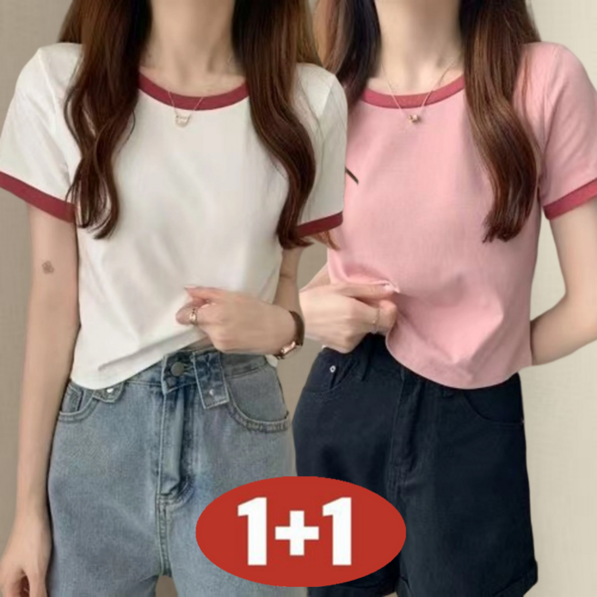 여성용 여름 1+1 초특가 날씬해 보이는 숏 배색 심플한 이너웨어 캐주얼 라운드넥 티셔츠