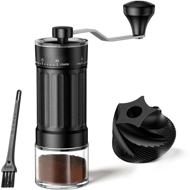 YITUMU 더블 베어링 수동 커피 그라인더 핸드밀 40단계 외부 정밀 조절 물세척 홈카페 캠핑용 원두 분쇄기 청소솔 포함, 1세트, 검정색, 25ml