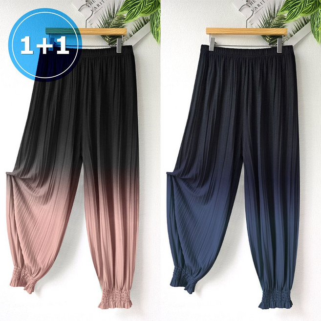 퀸즈몰 여성 냉감 투톤 쿨링 주름 밑단 소세지 바지 플리츠 빅사이즈 쿨바지 TTS