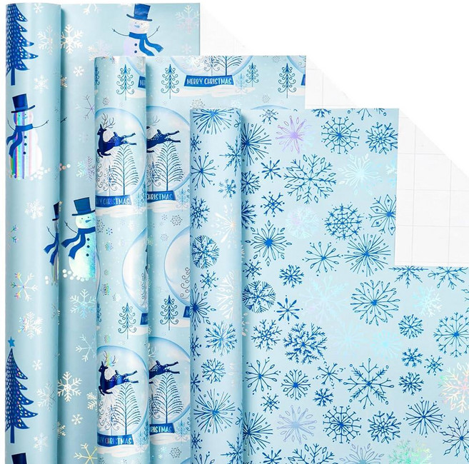 LeZakaa 크리스마스 포장지 번들 - 리본 리본 스티커 및 선물 태그가 있는 미니 롤 - 나무/눈송이/격자 무늬 프린트가 있는 실버 메탈릭 호일 디자인 - 43.2 x, 눈사람, 크리스탈 볼, 눈송이